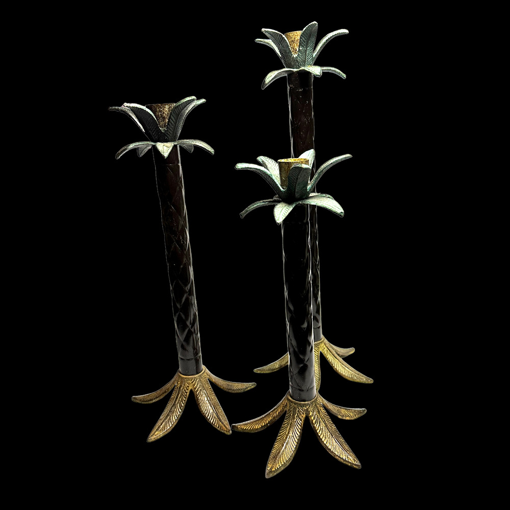 3 Metal Palm Tree Graduated Candlestick Holders, 9,11,13"